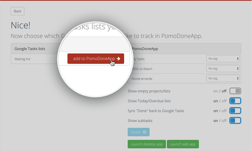 choose which task list you want to track time with in RoundPie