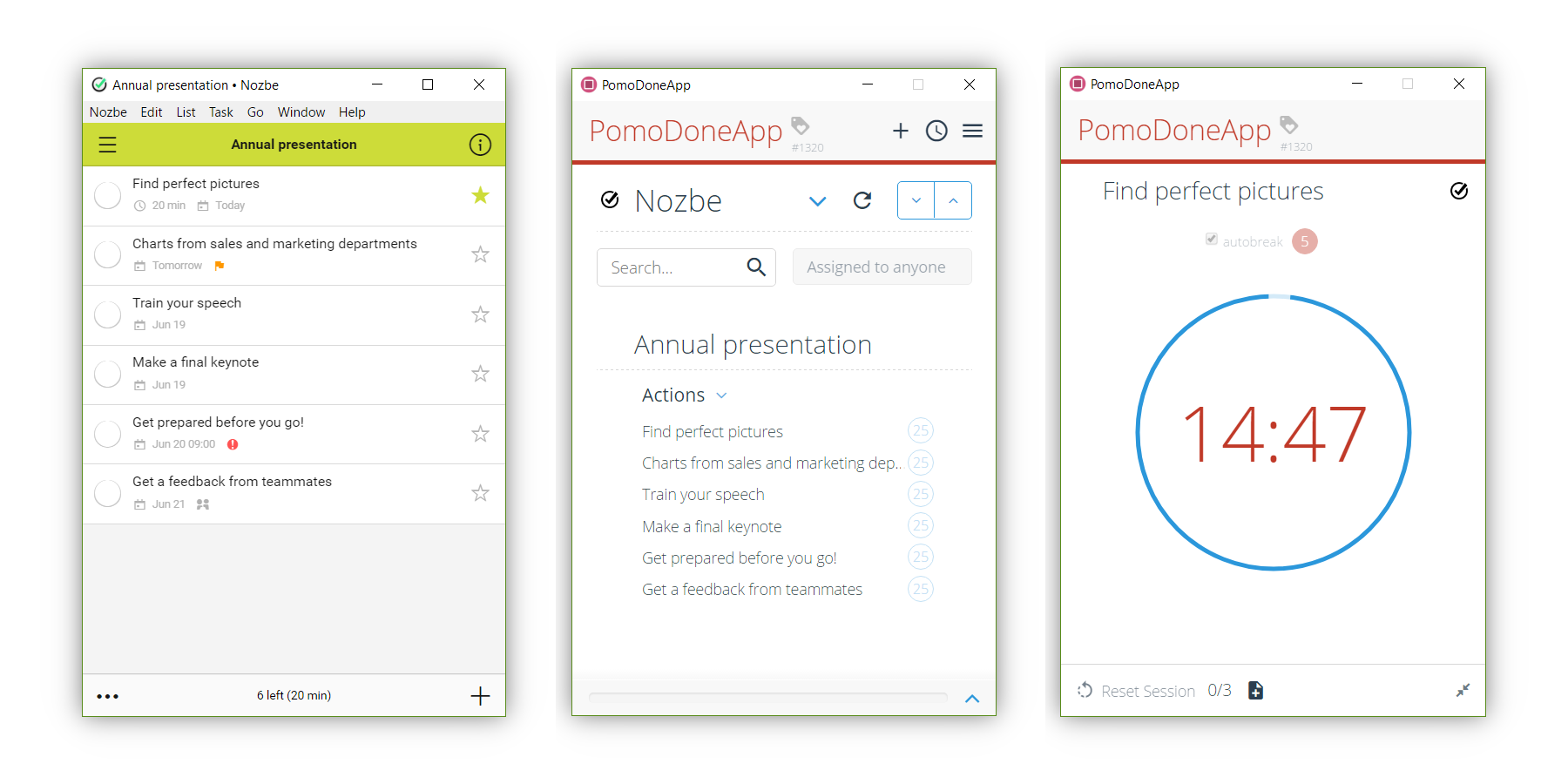 Both Nozbe and RoundPie are available as web-browser and standalone apps on multiple devices