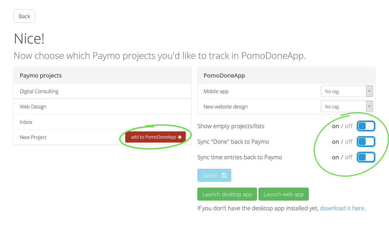 choose which projects from Paymo (left column) you wish to sync with PomoDone